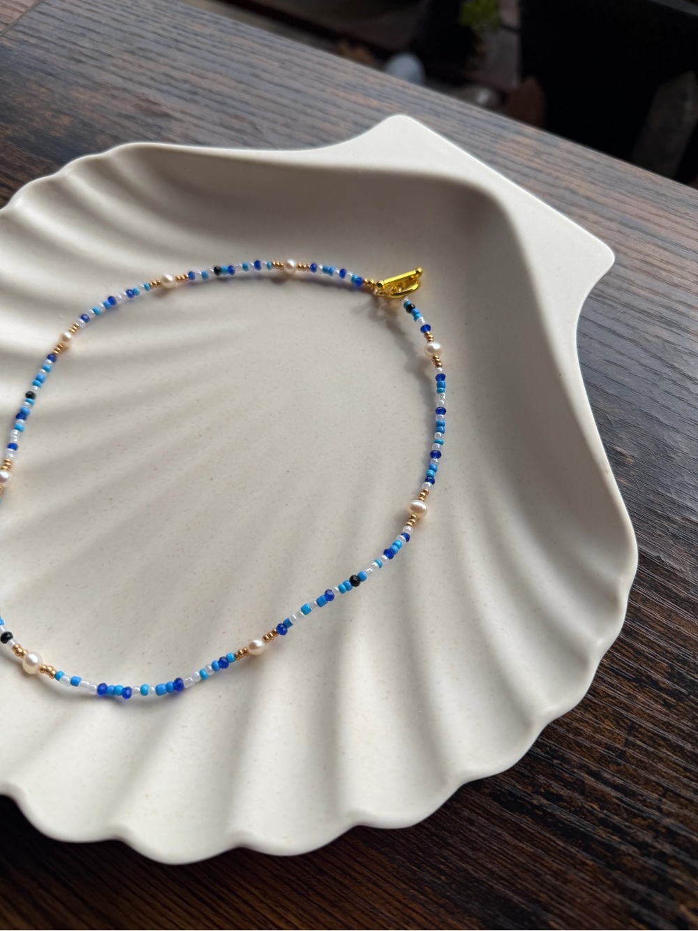 One of a Kind Handmade Blue Beaded Freshwater Pearl Necklace - Picture 3 of 4